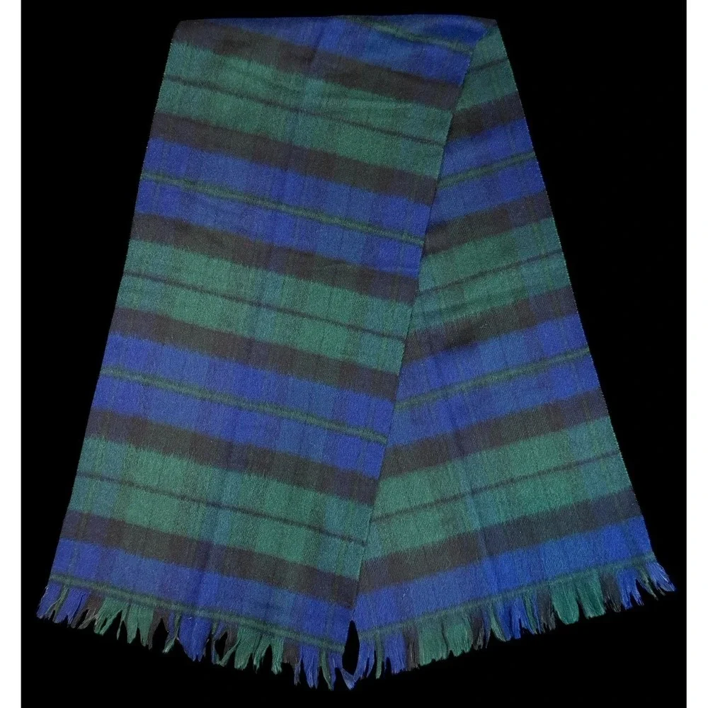 Paco Rabanne Men's Vintage Navy Blue/Green Plaid 100% Lambswool Scarf 12